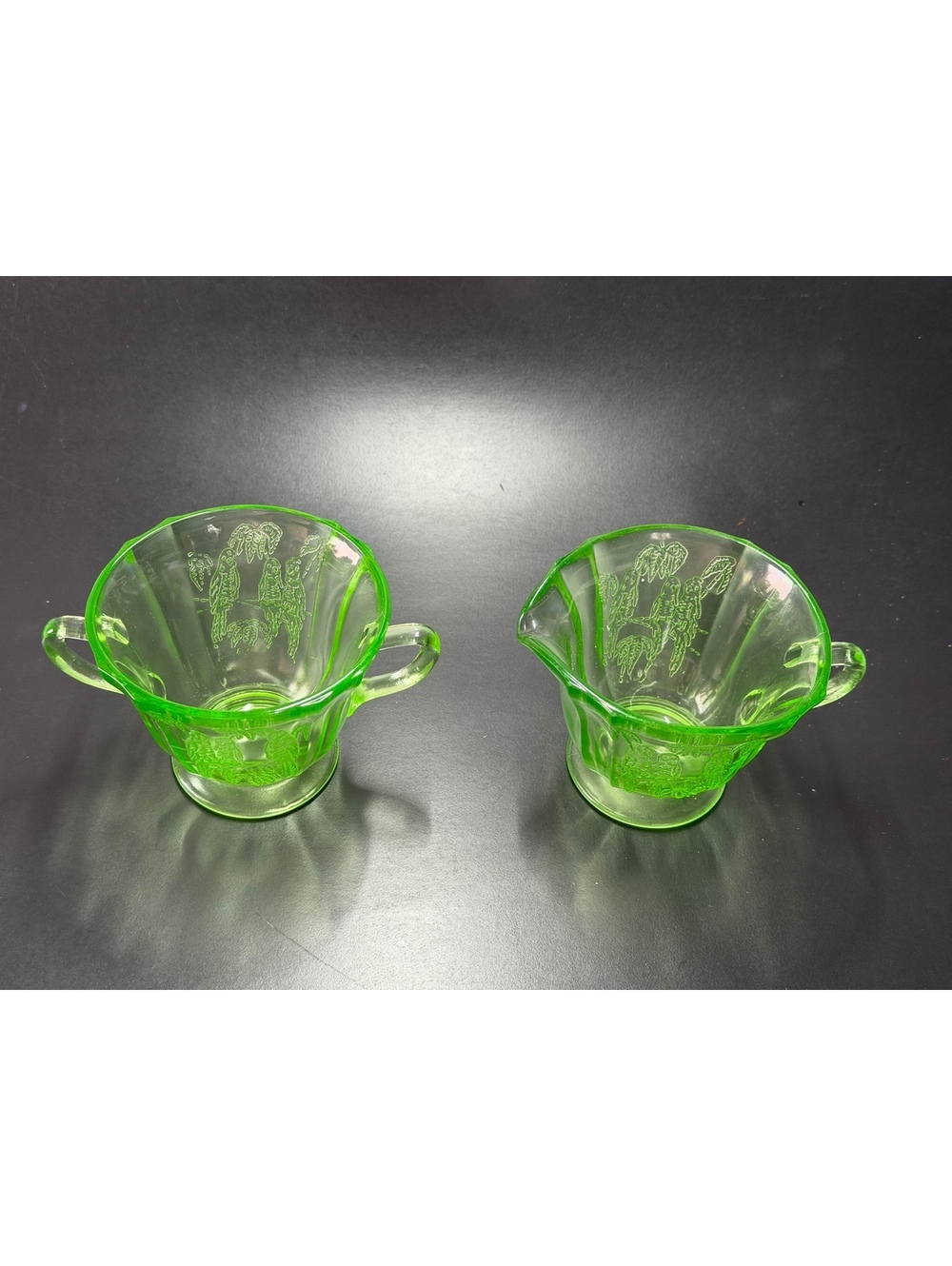 Federal Glass Parrot Sylvan Green Uranium Depression Glass Creamer & Sugar Set
